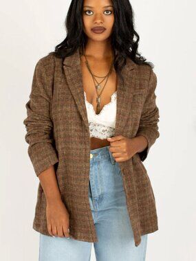 JOYFOLIE LOUVE BLAZER IN TAN & BROWN PLAID SIZE S - NWT